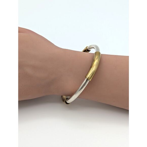 VTG Marked 925 Mexico Solid 925 Sterling Silver W/ Brass Accents Bangle Bracelet - Picture 1 of 8
